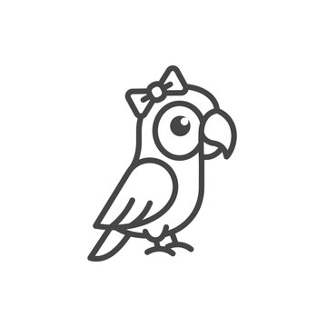 Cute Parrot Icon with Bow, Simple Line Art, Vector Illustration