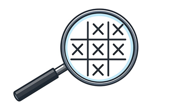 Magnifying Glass Over Tic Tac Toe Grid With X Marks Visual Pattern Analysis