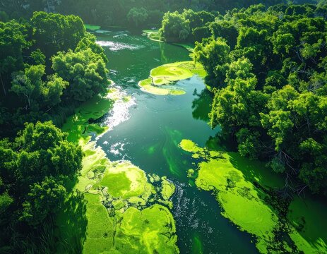 Aerial view of a vibrant green river winding through a lush forest, with patches of algae blooming on the surface.