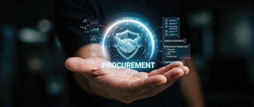A hand grasping a digital shield representing procurement accompanied by data graphics and security themes in a contemporary business setting
