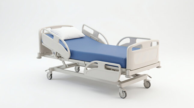Adjustable medical hospital bed with blue mattress on white background