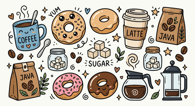 Cute Coffee and Donuts Doodle Art - Kawaii Cafe Treats