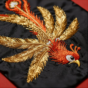 Top-down macrophotography of a detailed Guangdong gold and silver embroidery phoenix head and wings on black silk, exhibiting textured padded gold thread work, opulent luxury oriental textile design