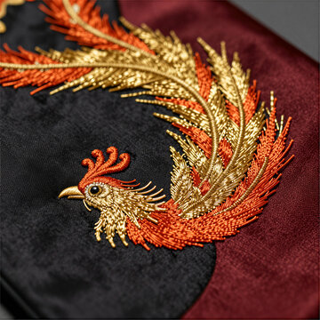Macrophotography of exquisite Guangdong "padded gold" embroidery featuring a phoenix head on black satin background, detailed gold and silver threads creating a 3D relief effect, vibrant red satin