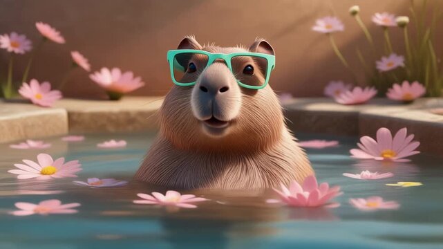 Capybara Relaxing in Floral Pool 4K Generative AI