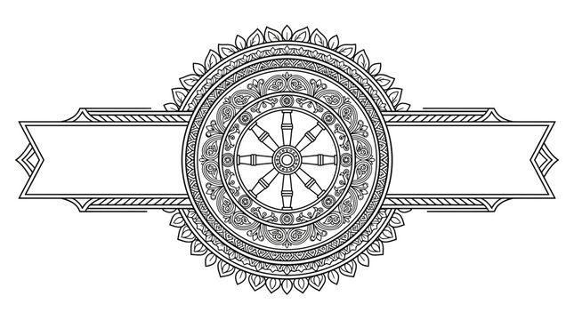 Dharmachakra Emblem with Decorative Ribbon Banner Illustration
