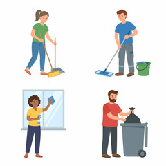 Fototapeta premium Cartoon characters cleaning house sweeping mopping washing window and taking out trash