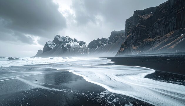 Dramatic Icelandic black sand beach with snow-capped mountains under a cloudy sky.