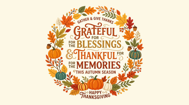 A colorful illustration of a thankful autumn season with grateful blessings and thankful memories