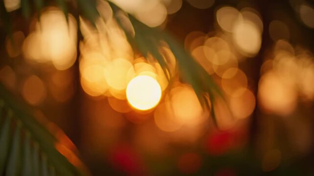 Atmospheric golden hour sunlight through lush green leaves creates beautiful orange bokeh effects and soft lighting for tranquil nature backgrounds
