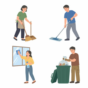 People cleaning and doing household chores sweeping mopping washing window throwing garbage