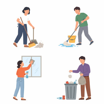 People doing household chores set, flat vector illustration of characters cleaning house