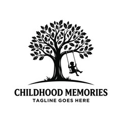 Oak tree branch with kid child playing swing silhouette nostalgia for childhood memories school family park logo design