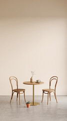 Fototapeta premium Aesthetic Cafe Dining Setup Mockup with Wooden Round Table and Bistro Chairs 