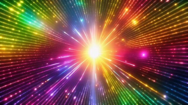 Abstract colorful tunnel of light rays exploding from center 中央から爆発するように広がる色鮮やかな光の線のトンネル背景 フルhd