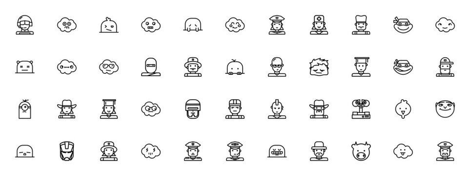 Character icon pack. Minimal vector icons. Featuring Pilot, Soldier, Nurse, Ninja, Superhero, Cowboy, Robot, Graduate, Happy, Sleepy, Mad, Cool, Blush, Fear, Depressed, Wink and more.