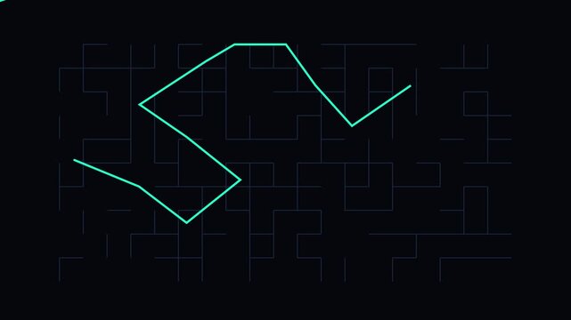 Digital maze pathfinding animation: glowing neon line solving a complex grid network 4k algorithm