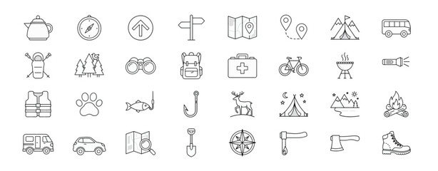 Set of camping and hiking travel icons including tent backpack compass map and outdoor adventure gear elements for summer vacation trip and exploration © Best Pixels 