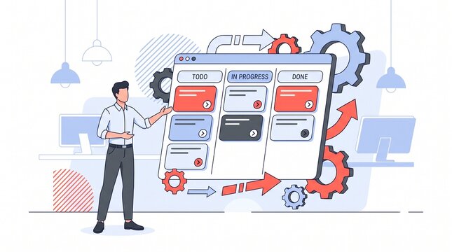 Professional managing digital task workflow on interactive kanban board with progress gears with environment interacting digital, business professional modern