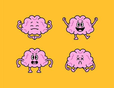 Cartoon brain character emotions and expressions vector illustration set icon mascot