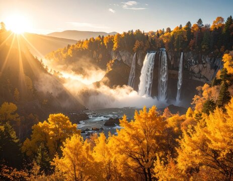 Golden hour sunlight streams through mist and illuminates a majestic waterfall surrounded by vibrant autumn foliage.