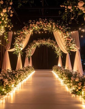 A beautifully decorated wedding aisle with floral arches and soft lighting.