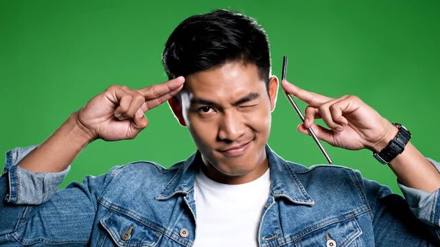 Smart Asian man pointing fingers to head having creative idea on green screen.