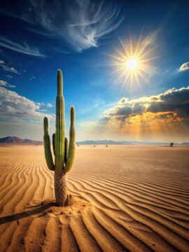 Sandy desert landscape with a lone cactus plant standing tall against the scorching sun