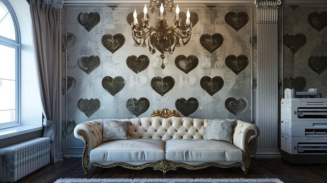 Elegant vintage living room with heart-patterned wallpaper, chandelier, and plush tufted sofa