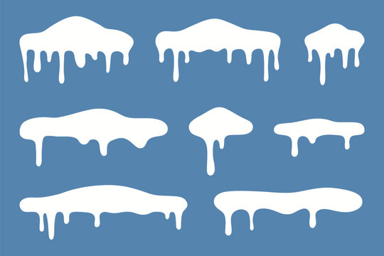 White snow drips and icicles on blue background, winter decoration and seasonal elements. Vector illustration