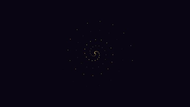 Golden spiral particle swirl animation on dark 4k background, particles
