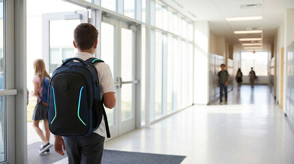 Fototapeta premium Gen Alpha student's bright back to school journey begins, entering a modern institution, poised for discovery, future learning, and academic growth