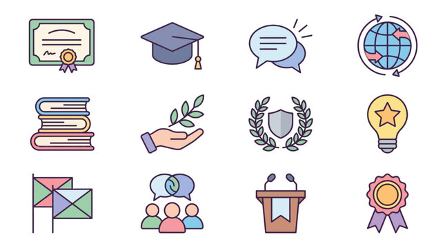 Education and Achievement Icons: Graduation, Knowledge, Success, Communication