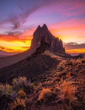 Shiprock, a prominent rock formation, stands tall against a vibrant sunset sky painted with hues of orange, yellow, and purple.