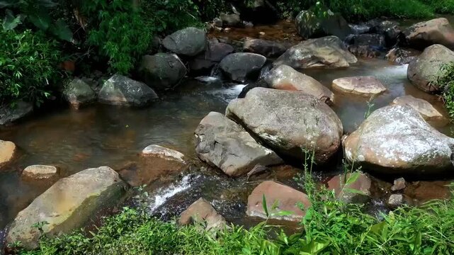 Water flows steadily between scattered rocks, producing a natural ASMR murmur as the current gently pushes past each stone, helping to relieve insomnia and settle the mind before bed.