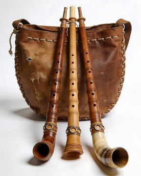 Traditional Belarusian duda bagpipes isolated on white background, front view, handcrafted leather and carved wood, museum quality