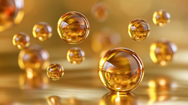 Stunning photo of Golden liquid droplets floating against a blurred golden background