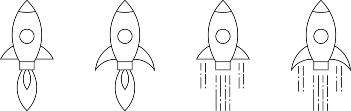 Simple line art rocket launch icons flying into outer space