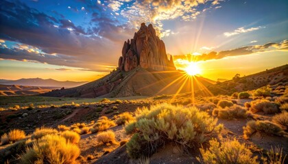 Fototapeta premium A breathtaking sunset illuminates the dramatic rock formations of Shiprock, New Mexico, casting golden light across the arid desert landscape.