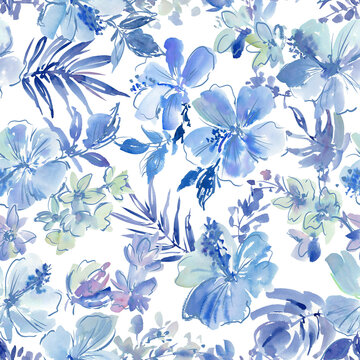 Watercolor blue hibiscus and tropical leaves seamless pattern on a transparent background for fabric, wedding invitation and surface design