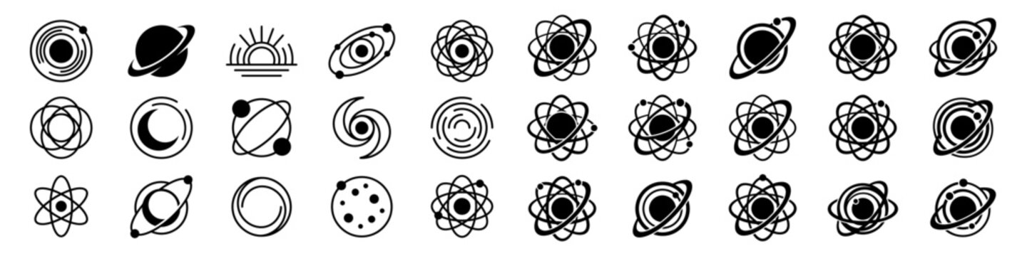 Space logo collection featuring abstract orbit lines, planets, and cosmic elements in black vector style.