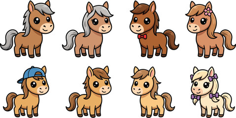 Obraz premium Cute Cartoon Horse Family Mascot Collection with Six Isolated Vector Characters