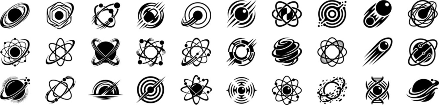 Black universe logo bundle featuring orbit rings, stars, planets, and atomic symbols on transparent background.