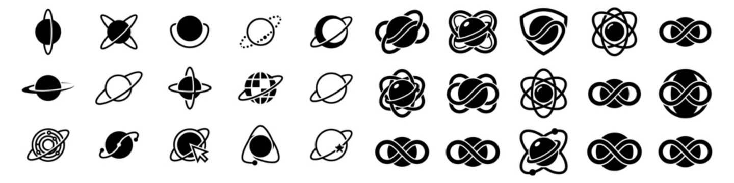 Galaxy logo collection with black celestial icons, planets, orbits, and space symbols in clean vector design, isolated on transparent.