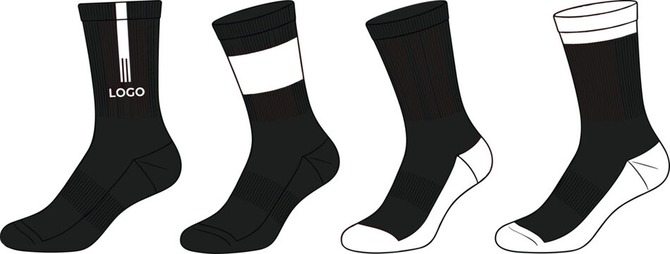 Set of black and white athletic crew socks vector template illustration for tech pack design