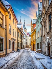 Fototapeta premium Snow-covered cobblestone street with historic buildings in the Old Town of Tallinn