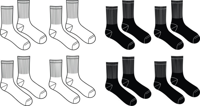 Socks vector template set with outline and silhouette views for commercial apparel mockups
