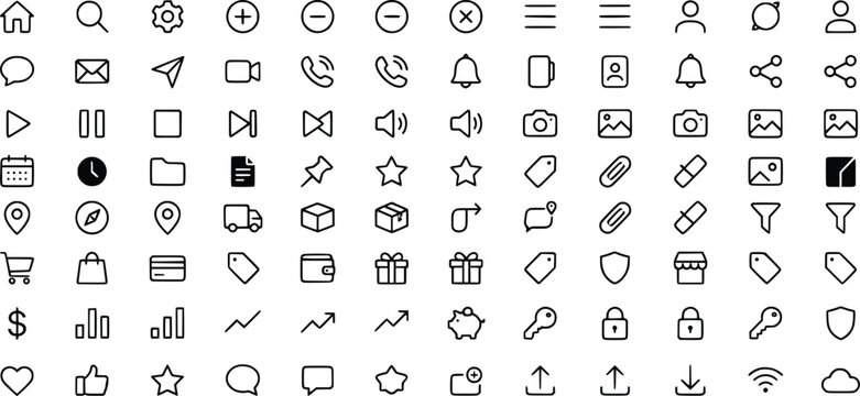 Minimalist line icon set for mobile app interface, modern outline web icons for business and communication, 112 vector symbols for UI UX design