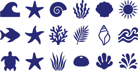Nautical sea life icon set in navy blue, 18 ocean themed vector silhouettes, minimalist beach and marine animal graphics for summer branding © Creative Wings
