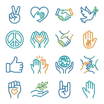 Colorful Line Art Icons of Peace Love and Unity Symbols.